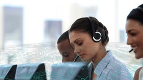 Animation of digital marks processing over business people using phone headsets. global connections, business, digital interface, technology and networking concept digitally generated video. - Powered by Shutterstock - Get 15% off with code: PIKWIZARD15