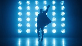 Stylish dancer in trendy outfit performing at concert in Night Club. Night lifestyle, party concept shot. Silhouette of professional RnB dance performer moving hips at bright colorful strobing lights