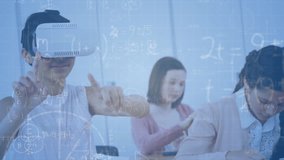 Mathematical equations floating against boy wearing vr headset in class at elementary school. back to school and education concept - Powered by Shutterstock - Get 15% off with code: PIKWIZARD15