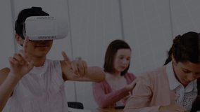 Mathematical equations floating against boy wearing vr headset in class at elementary school. back to school and education concept - Powered by Shutterstock - Get 15% off with code: PIKWIZARD15
