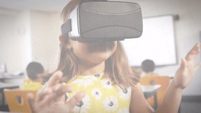 Animation of mathematical equations over schoolgirl wearing vr headset. global education, connections, data processing and technology concept digitally generated video. - Powered by Shutterstock - Get 15% off with code: PIKWIZARD15