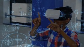 Mathematical equations floating against african american boy wearing vr headset at elementary school. back to school and education concept - Powered by Shutterstock - Get 15% off with code: PIKWIZARD15