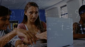 Animation of mathematical equations over schoolchildren using laptop. global education, connections, data processing and technology concept digitally generated video.