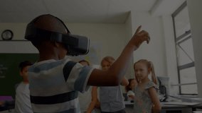 Mathematical equations floating against african american boy wearing vr headset at elementary school. back to school and education concept - Powered by Shutterstock - Get 15% off with code: PIKWIZARD15