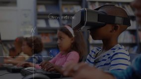 Mathematical equations floating against african american boy wearing vr headset at elementary school. back to school and education concept - Powered by Shutterstock - Get 15% off with code: PIKWIZARD15