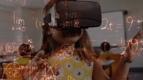 Mathematical equations floating against caucasian girl wearing vr headset at elementary school. back to school and education concept - Powered by Shutterstock - Get 15% off with code: PIKWIZARD15