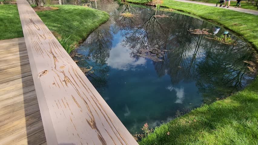 tilt footage of a lake surrounded by lush green grass, colorful flowers, red trees and people walking along a footpath with blue sky and clouds at Gibbs Gardens in Ball Ground Georgia USA