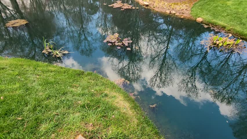 tilt footage of a lake surrounded by lush green grass, colorful flowers, red trees and people walking along a footpath with blue sky and clouds at Gibbs Gardens in Ball Ground Georgia USA