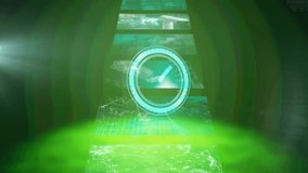 Neon blue digital clock ticking against multiple screens with data processing on green background. computer interface and technology concept - Powered by Shutterstock - Get 15% off with code: PIKWIZARD15