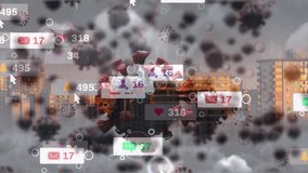 Multiple covid-19 cells floating over digital icons with increasing numbers against cityscape. coronavirus covid-19 pandemic concept - Powered by Shutterstock - Get 15% off with code: PIKWIZARD15