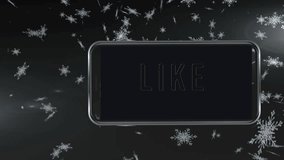 Animation of like text on smartphone screen over snow falling in background. global social media, connections and digital interface during christmas time concept digitally generated video.
