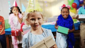 Animation of digital brain over diverse children with presents at birthday party. party, childhood and celebration concept digitally generated video.