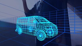 Animation of digital 3d drawing of car over man using vr headset. global engineering, car design, connections and digital interface concept digitally generated video.