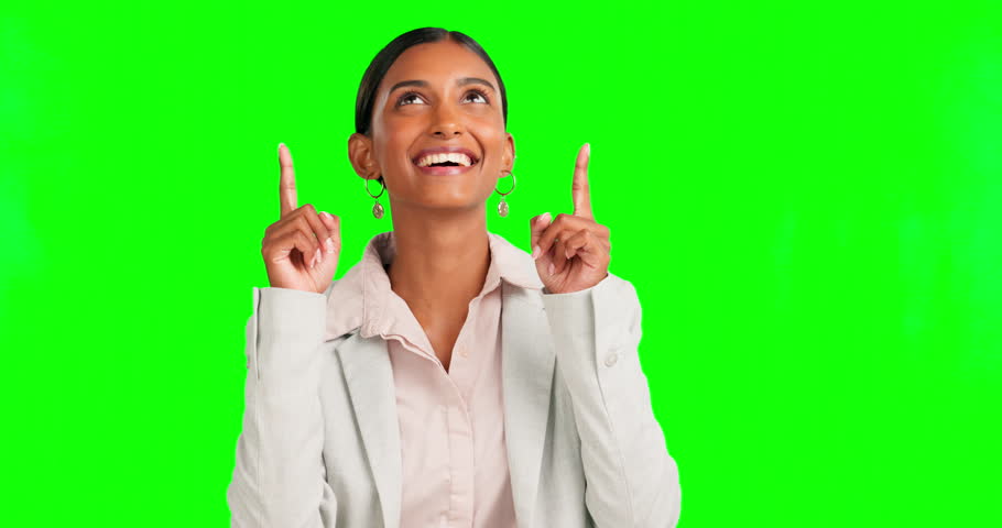 Happy woman, face or pointing up at isolated green screen of finance deal news, savings ideas or investment mock up promotion. Smile, portrait or hands showing mockup space of financial growth agenda
