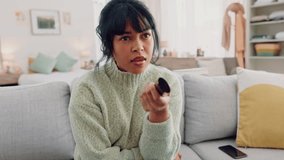 Relax, popcorn and woman watching tv or movie for chill self care leisure time alone in home on sofa. Television channel program decision and streaming choice with snack for weekend entertainment - Powered by Shutterstock - Get 15% off with code: PIKWIZARD15