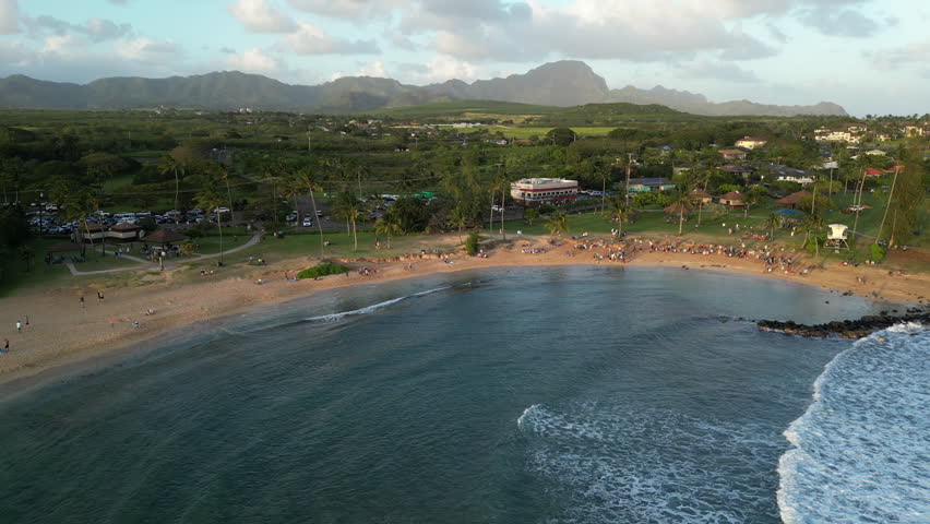 Aerial view of Poipu Beach during sunset Kauai Hawaii USA