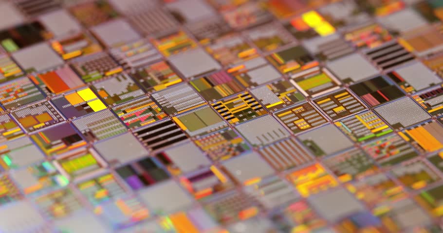 Silicon semiconductor wafer close-up. In electronics, a wafer also called a slice or substrate is a thin slice of semiconductor, a crystalline silicon, used for the fabrication of integrated circuits Royalty-Free Stock Footage #1101837791