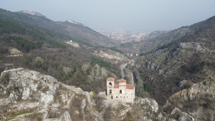 Aerial view of Church of the Holy Mother of God at ruins of Medieval Asen Fortress, Asenovgrad, Plovdiv Region, Bulgaria