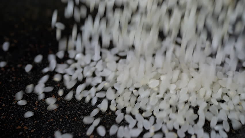 Close-up Stream of Falling White Raw Grains Japanese rice in Slow Motion. Texture of rice. Filling background. Macro. Round rice variety. Abstract background. Structure, harvest. Japanese food. | Shutterstock HD Video #1101841087