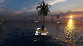Isolated people sitting on mobile phone island at sunset, stranded in a virtual world, panning