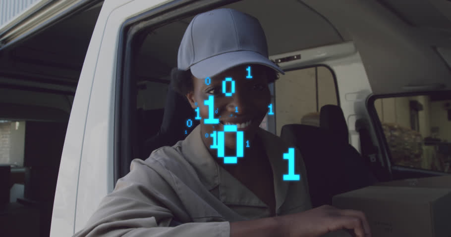 Animation of binary codes over smiling african american woman sitting in vehicle at warehouse. Digital composite, multiple exposure, coding, packaging, distribution and technology concept.