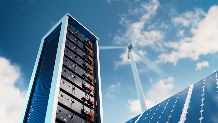 The video shows the energy storage system in lithium battery modules, complete with a solar panel and wind turbine in the background. 3d rendering. | Shutterstock HD Video #1101845175