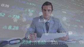 Animation of financial data processing over caucasian businessman. Global business, finances, computing and data processing concept digitally generated video.