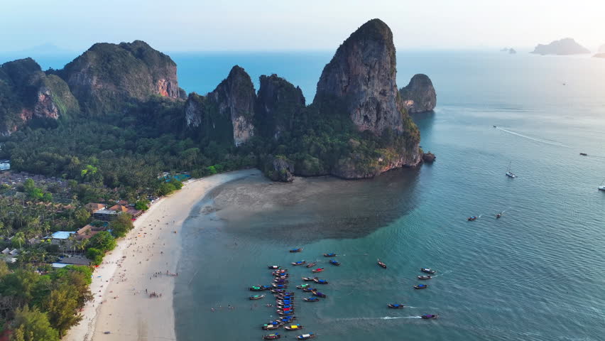 Aerial view of Railay beach with mountains in Krabi, Thailand. Royalty-Free Stock Footage #1101846103