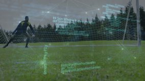 Animation of network of connections over caucasian football player with football on pitch. Global sports, connections, computing and data processing concept digitally generated video.