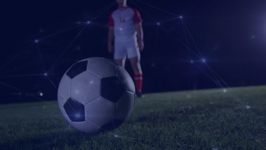 Animation of network of connections over caucasian football player with football on pitch. Global sports, connections, computing and data processing concept digitally generated video. | Shutterstock HD Video #1101846147