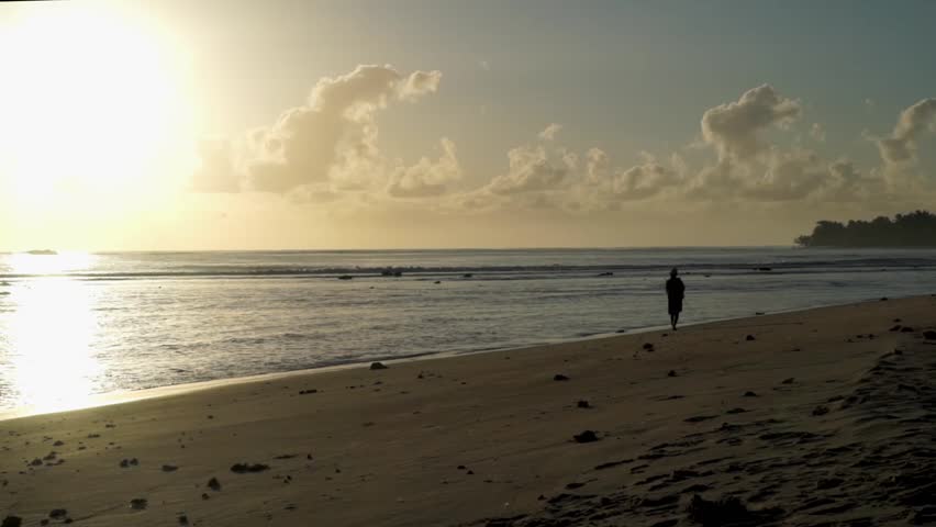 Person Walking Along The Beach At Scenic Sunset In Madagascar, East Africa - wide shot