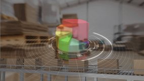 Statistical data processing against multiple delivery boxes on conveyor belt against warehouse. logistics and transportation business concept - Powered by Shutterstock - Get 15% off with code: PIKWIZARD15