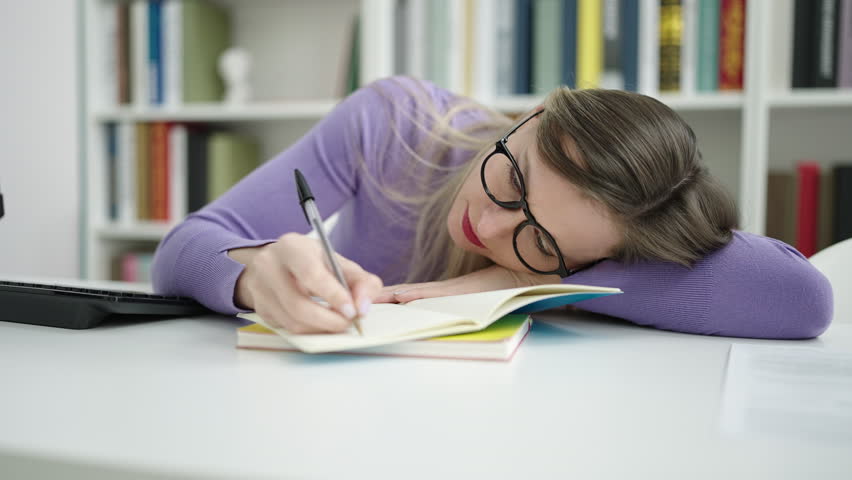 Young blonde woman student writing on notebook with head on table at library university | Shutterstock HD Video #1101850601