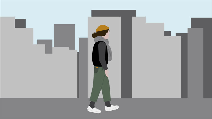 Young hipster stylish girl walking along grey city with skyscrapers on background, cartoon animation. Millennial woman walking along street against background of buildings | Shutterstock HD Video #1101852237
