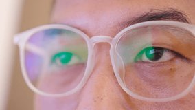The dark-skinned man's face and eyes, a closer look, saw only two eyes wearing white eyeglasses. High quality video 4K ProRes422HQ