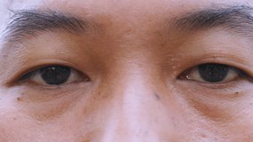 The dark-skinned man's face and eyes, a close view, with only two eyes visible. High quality video ProRes422HQ