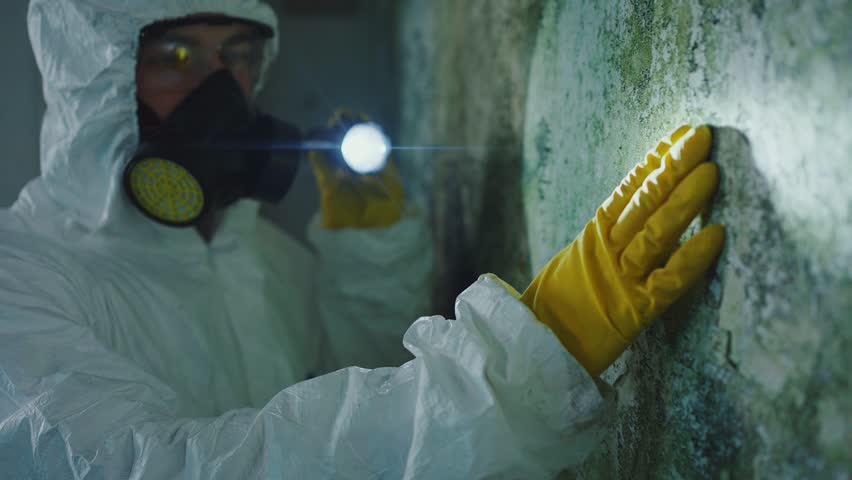 mold exterminator disinfection search for a black mold fungus focus Royalty-Free Stock Footage #1101856297
