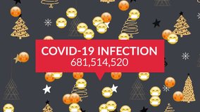 Covid-19 infection text and multiple face emojis falling against christmas tree in seamless pattern. christmas festivity and celebration during covid-19 pandemic concept - Powered by Shutterstock - Get 15% off with code: PIKWIZARD15
