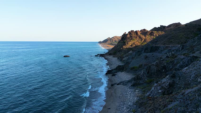 Mojacar coastline of Spain. Coast of spain. Spanish coast in summer with crystal clear waves and good weather. Mediterranean sea.