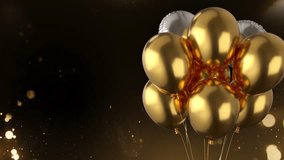 Flying Golden Helium Balloons from Bottom to Top and Disappear isolated. Happy birthday golden background. Luxury premium background video. black and gold video 