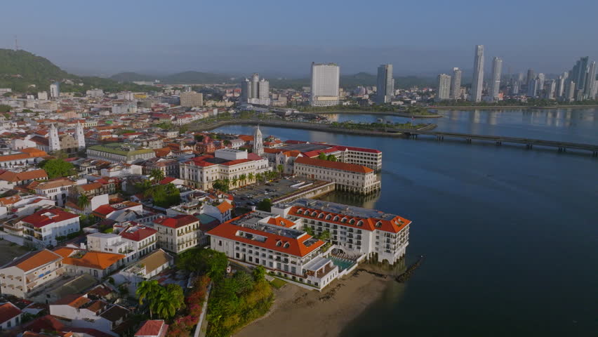 amazing drone shot of Casco Viejo in Panama City, the hole casco on shot and in the background the cerro ancon in the morning Royalty-Free Stock Footage #1101861729