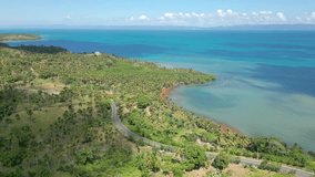 Coastal road Sabana de la Mar in Dominican Republic. Aerial drone panoramic view