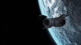 Hubble Space Telescope with Earth Background Flyby in Orbit Heading Towards Stars to Take Pictures of Galaxy and Universe - Realistic 3D CGI Animation 4K - Powered by Shutterstock - Get 15% off with code: PIKWIZARD15