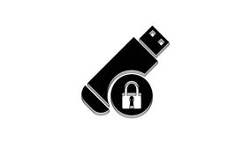 Black USB flash drive with closed padlock icon isolated on white background. Security, safety, protection concept. 4K Video motion graphic animation.