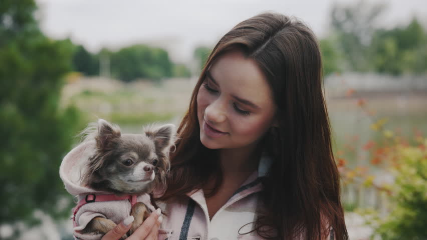 Portrait of the Happy Smiling Attractive Young Woman Standing Outside Carrying Her Chihuahua. Girl Looking at the Camera in the Park Background. People and Dogs Friendship Concept | Shutterstock HD Video #1101865305