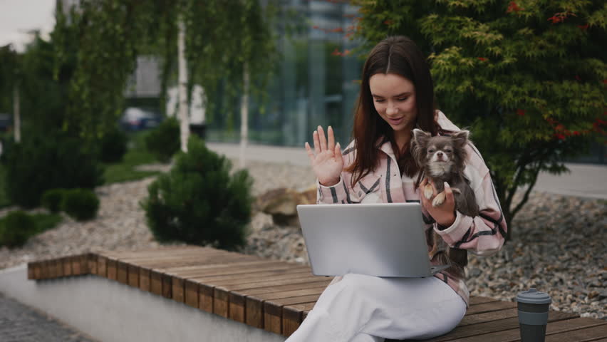 Young Woman Waves Her Hand and Makes a Video Call with Friends Sitting on the Bench Outside. Female Owner Hugging Adorable Chihuahua Dog Chatting at Laptop Camera. Communication | Shutterstock HD Video #1101865315