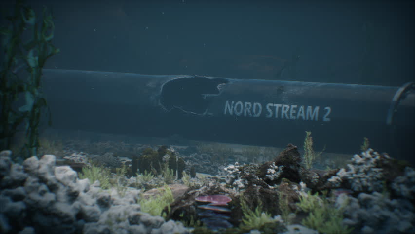 3D render illustration of the explosion of the Nord Stream 2 gas pipeline under the water of the Baltic Sea. Damaged pipe. 3D Illustration
