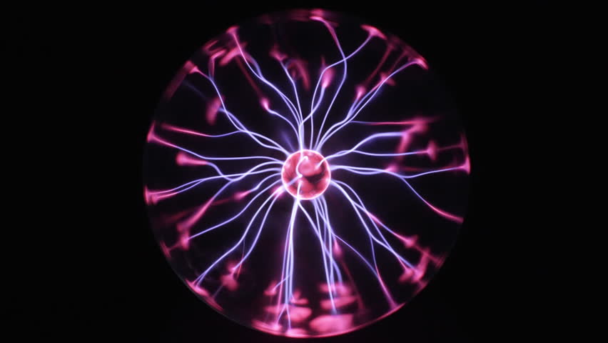 Plasma globe in slow motion. Blue and purple light beams and energy rays inside the ball. Full sphere on black background.coil electric discharge. Royalty-Free Stock Footage #1101870343