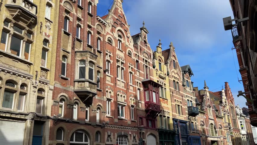 Beautiful historical and medieval houses on the street of Ghent, a city in the Flemish region of Belgium. Travel concept High quality 4k footage