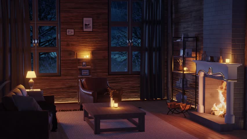 Cozy animated living room with fireplace and candles. With rainfall. Seamless loop Royalty-Free Stock Footage #1101871373